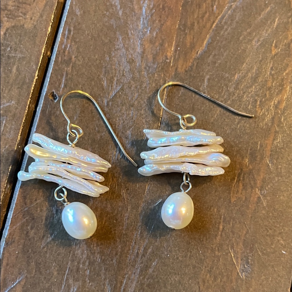 Gorgeous chic White Pearl Drop Earrings with Stick Pearl Layers